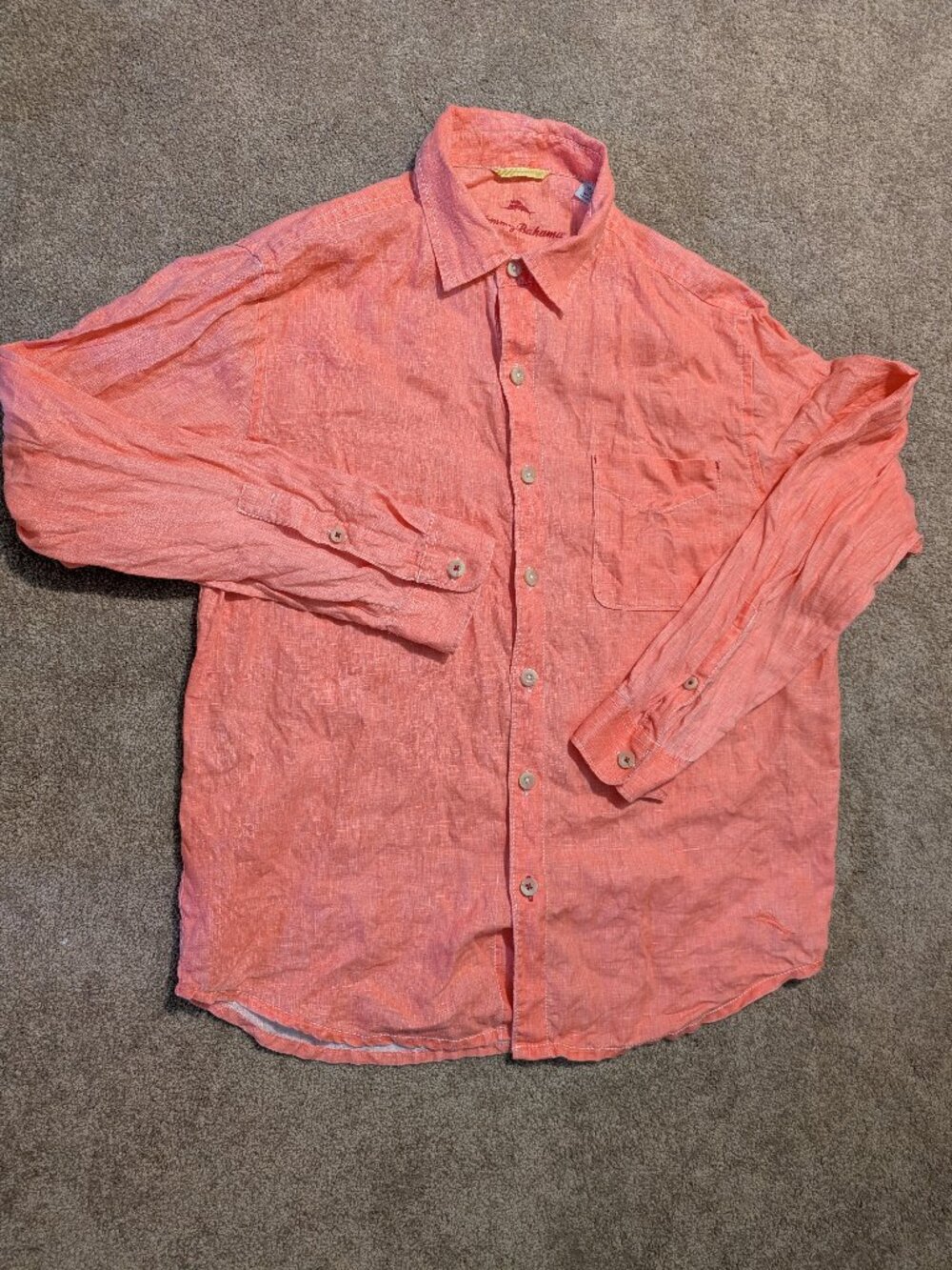 100% Linen Tommy Bahama button down long sleeve shirt size medium coral